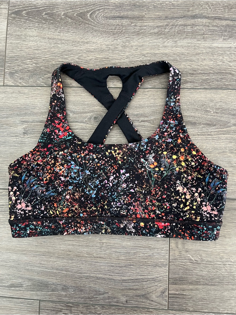 Lululemon Floral Speckle Black Sports Bra with Crisscross Back Size 12